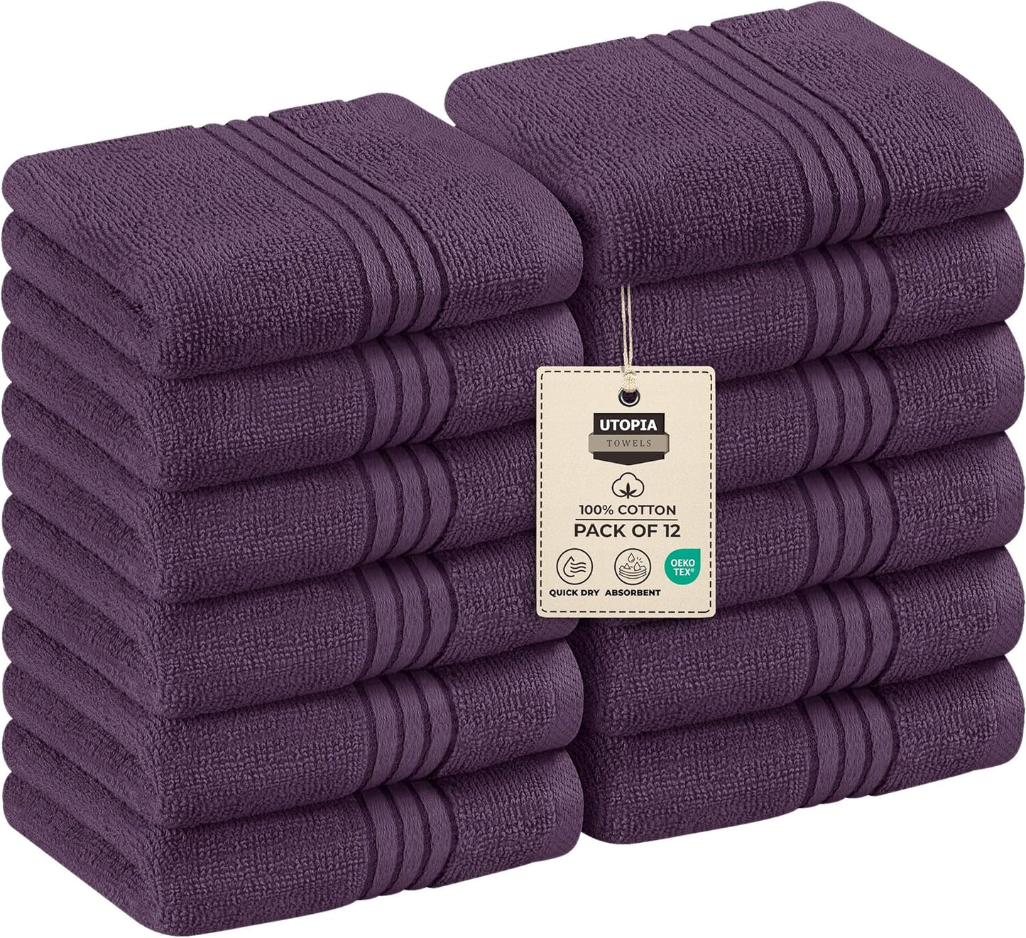 Premium 12-Pack Cotton Wash Cloths - Highly Absorbent & Soft 12x12 for Bathroom, Spa, Gym - Plum
