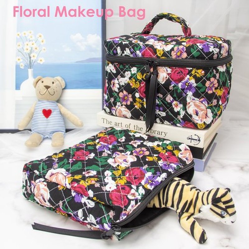 PAZIMIIK Cotton Makeup Bag for Women Large Quilted Travel Cosmetic Case Girls' Make Up Organizer,Floral Black