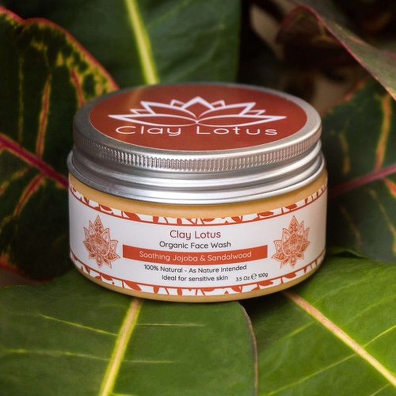 Clay Lotus Organic Face Wash - Gentle Cleanser for Sensitive Skin with Jojoba & Sandalwood. 100% Natural, Soothing, Hydrating, and Brightening. Non-Drying, Vegan Formula for Women & Men