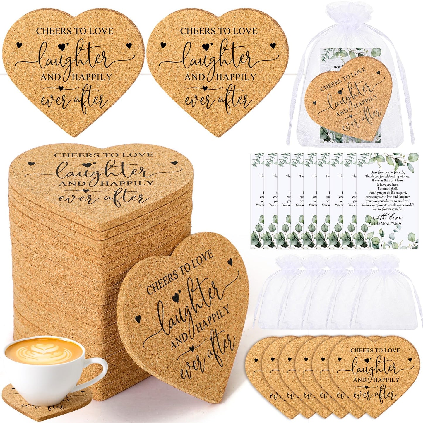 Uiifan 50 Set Wedding Favors for Guest Coaster Gifts Bulk Heart Shaped Coasters Thank You Cards Organza Bags Guest Souvenirs for Wedding Party Bridal Favors