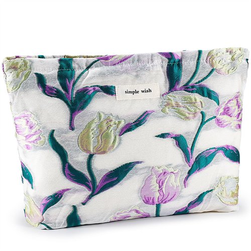 ZLFSRQ Tulip Makeup Bag Travel Cute Purple Flower Floral Cosmetic Bags for Women Large Embroidery Makeup Pouch Zipper Cosmetic Pouch for Purse Aesthetic Makeup Organizer Bag Portable Toiletry Bag