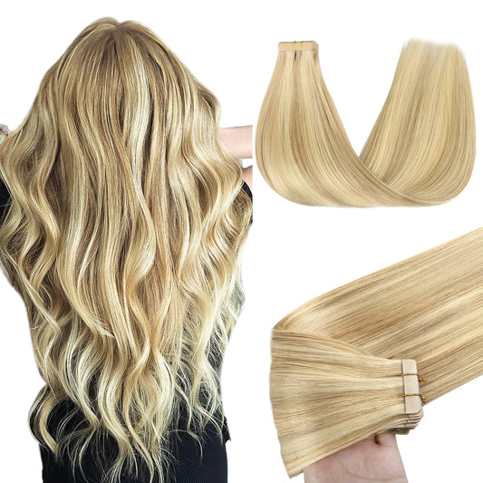 GOO GOO Tape in Hair Extensions Human Hair, 18D/22F Dirty Blonde Highlights, 10inch 50g 20pcs, Thick Ends Straight Seamless Tape in, Invisible Tape in Hair Extensions Human Hair