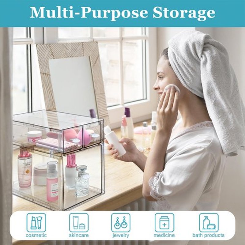 Spaclear Makeup Organizer for Vanity, Clear Stackable Storage Drawers Set of 5, Cosmetic Organizer for Dresser Countertop, Large Capacity Cosmetic Storage Boxs, Kitchen Cabinets Organizers and Storage