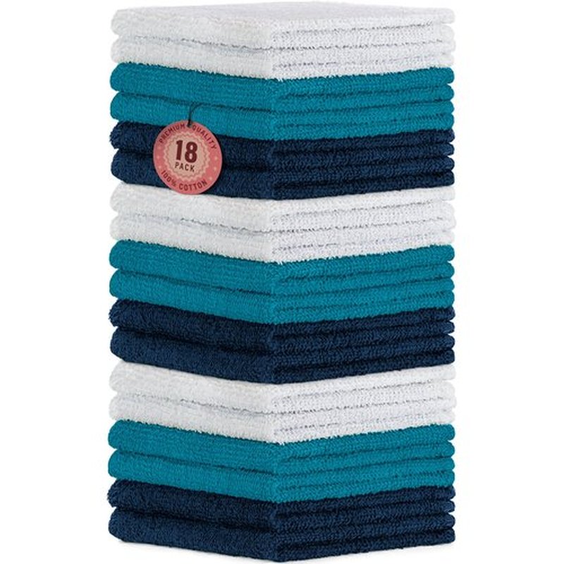 DecorRack 18 Pack 100% Cotton Wash Cloths, Ultra Soft, 11 x 11 inch Ultra Absorbant, Machine Washable Premium Washcloths, Blue (18 Pack)