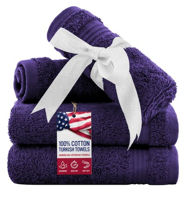American Veteran Towel, 100% Cotton Turkish Washcloths for Bathroom Essentials 4 Pack, Soft Absorbent Wash Cloths Quick Drying Small Towels Washrags, Purple