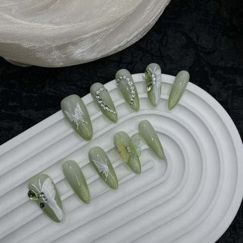 Wsliana Handmade Press On Nails - Long Almond Shape with Green Cat Eye Tip, 3D Butterfly and Diamond Heart Design, 10pcs Glue On Acrylic Fake Nails with Storage Box | Elegant Nail Kit (052 L)