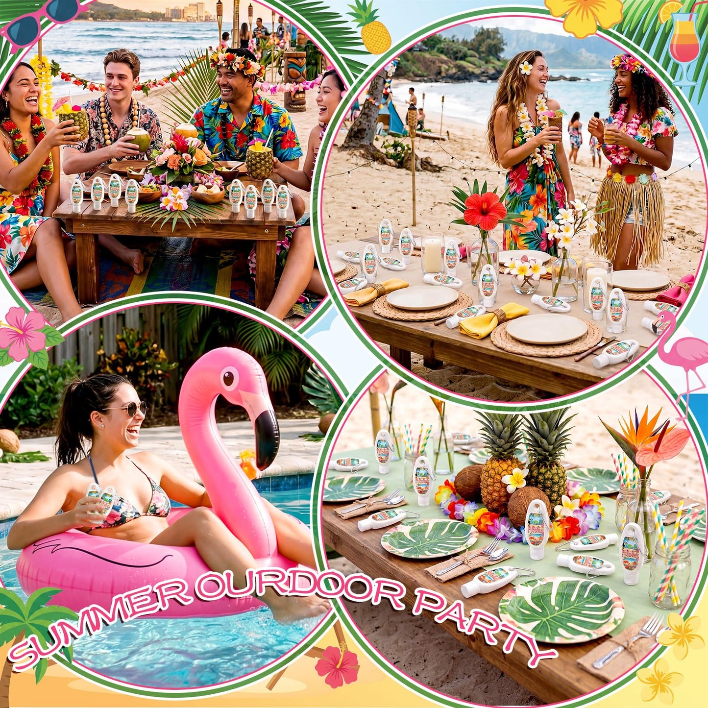 Leelosp 30 Pcs Luau Party Mini Sunscreen with Carabiner Bulk Travel Size 1 Fl. oz. Spf 30 Water Resistant Mini Sunblock Lotion Keychain Tropical Summer Beach Pool Aloha Haiwaii Party Supplies