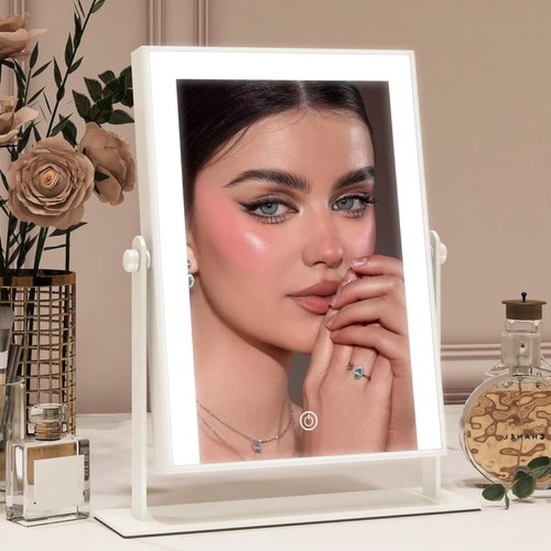 ROLOVE 9"x11" Small Vanity Mirror with Lights, Lighted Makeup Mirror with Light, Portable Tabletop Cosmetic Make Up Mirror, Smart Touch Control, Dual Power Supply, 360°Rotation