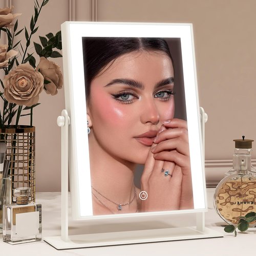 ROLOVE 9"x11" Small Vanity Mirror with Lights, Lighted Makeup Mirror with Light, Portable Tabletop Cosmetic Make Up Mirror, Smart Touch Control, Dual Power Supply, 360°Rotation