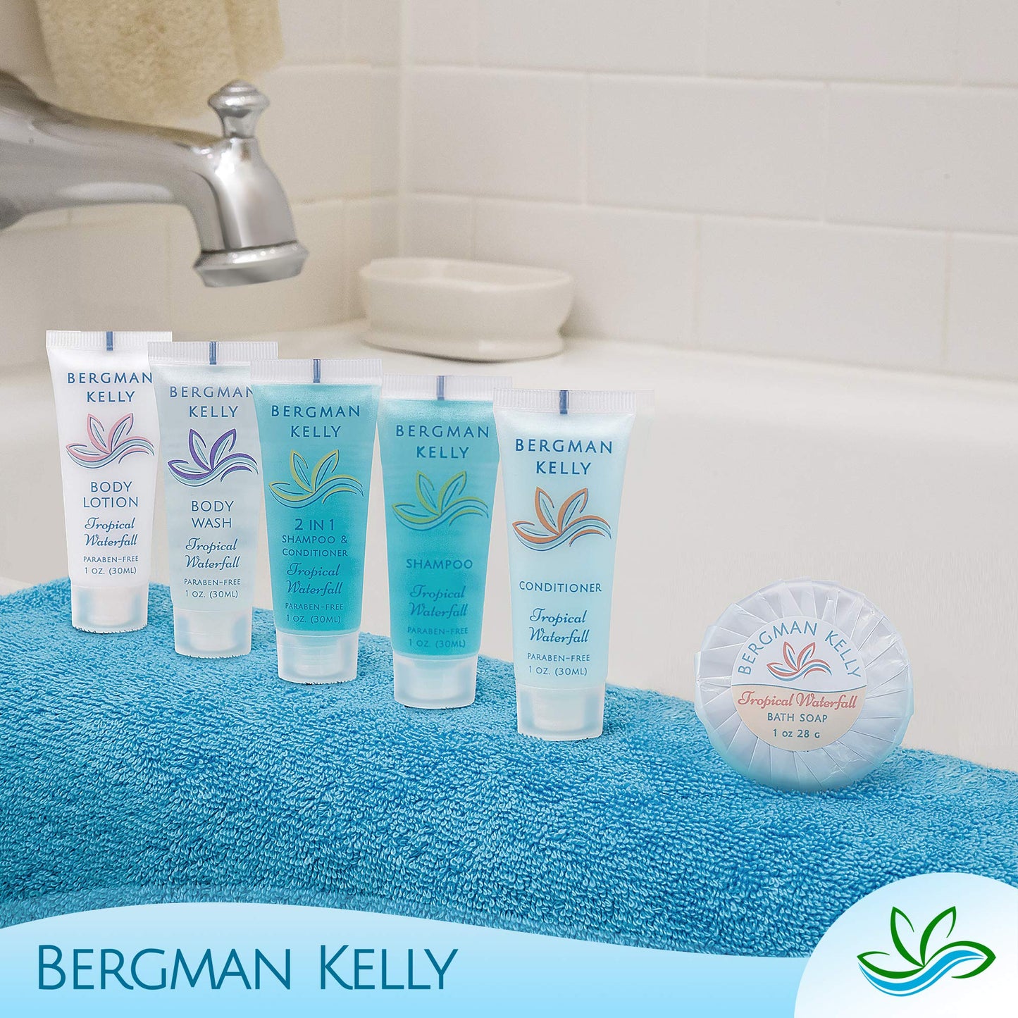 BERGMAN KELLY Rectangular Hotel Soap Bars, Shampoo & Conditioner 3-Piece Set (1 oz each, 150 pc, Tropical Waterfall), Delight Guests w/Invigorating & Refreshing Bulk Travel Size Hotel Toiletries