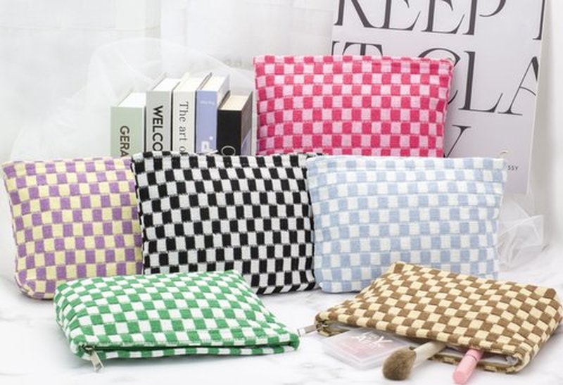 PAZIMIIK Knitted Checkered Makeup Bag Large Zipper Make Up Accessory Pouch for Purse Cosmetic Brush Bag for Travel Essential,Green