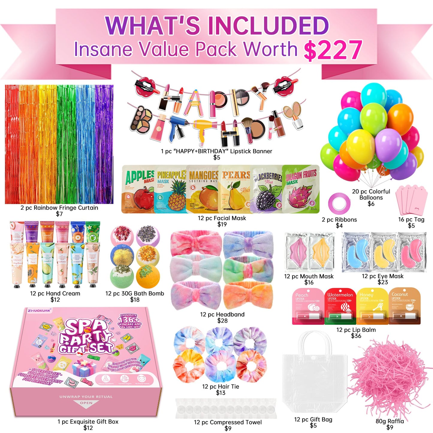 159Pcs Spa Party Supplies Set–12 Complete Spa Kits with Face/Lip/Eye/Hand/Foot Care + Birthday Party Essentials(Banner,Balloons,Curtains)–Perfect for Birthdays,Sleepovers,Slumber Parties & Relaxation