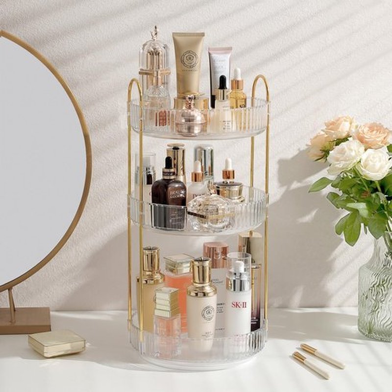Aveniee Rotating Makeup Organizer for Vanity, Perfume Skincare Organizers Make Up Storage for Bathroom Counter,3 Tier Clear Spinning Cosmetic Lipstick Toiletry Organizer Holder Display Stand (White)