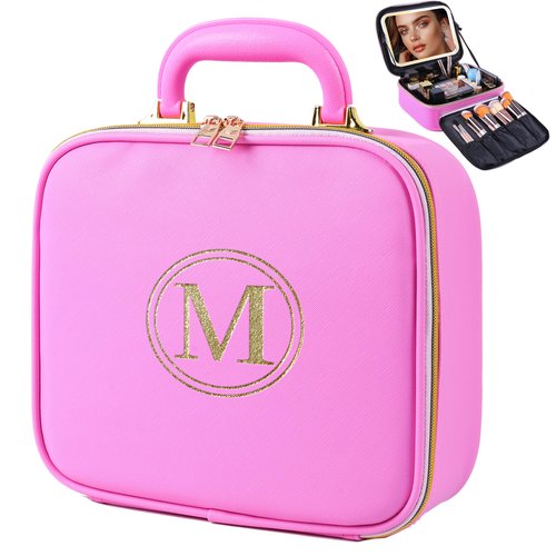 Makeup Travel Train Case with Mirror, LED Light, 3 Adjustable Brightness Levels, Cosmetic Bag with Handle, Portable Storage, Adjustable Partition, Waterproof, Monogrammed Gift Makeup Bag for Women