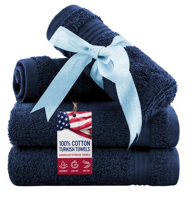 American Veteran Towel, 100% Cotton Turkish Washcloths for Bathroom Essentials 4 Pack, Soft Absorbent Wash Cloths Quick Drying Small Towels Washrags, Navy Blue