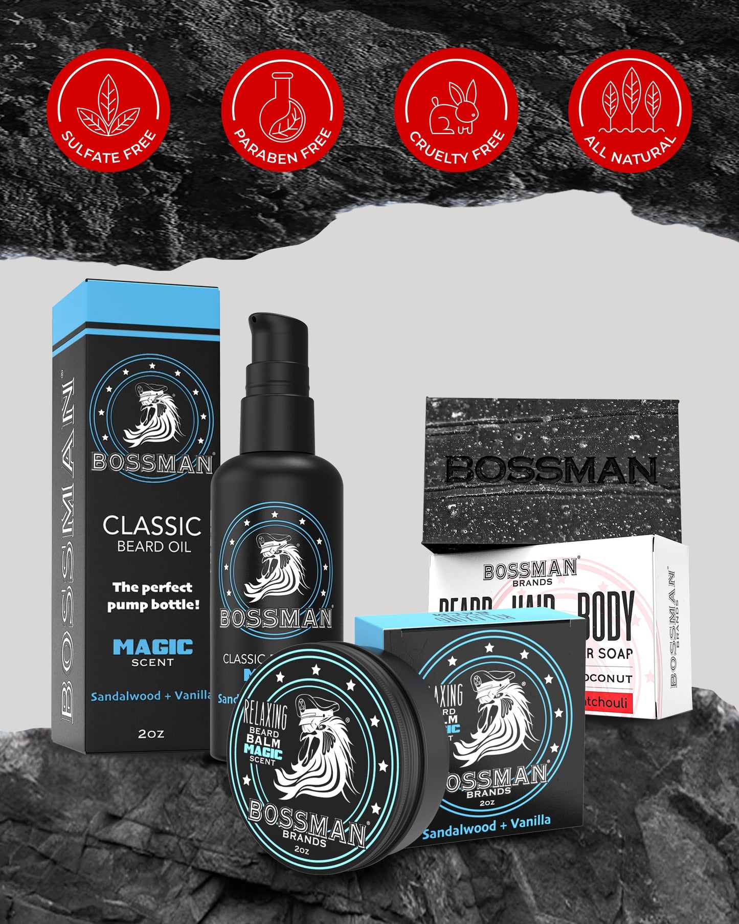 Bossman Starter Beard Kit for Men, Beard Oil (2 oz), Beard Balm & Bar Soap – Natural & Organic Grooming Kit – Made in the USA Men Gift Set (Magic Scent)