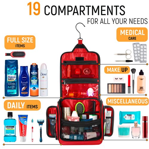 Travel Toiletry Bag for Men and Women - Large Hanging Toiletry Organizer - Waterproof Hygiene Bag with Metal XXL Swivel Hook, with YKK Zippers and 19 Compartments for Toiletries, Makeup, Cosmetics