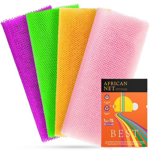 RIUOTA 4 African Net Sponge Mesh Long Mesh Bath Sponges - Exfoliates and Refreshes Skin for a Silky Smooth Shower Experience (Purple, Pink, Green, Orange)
