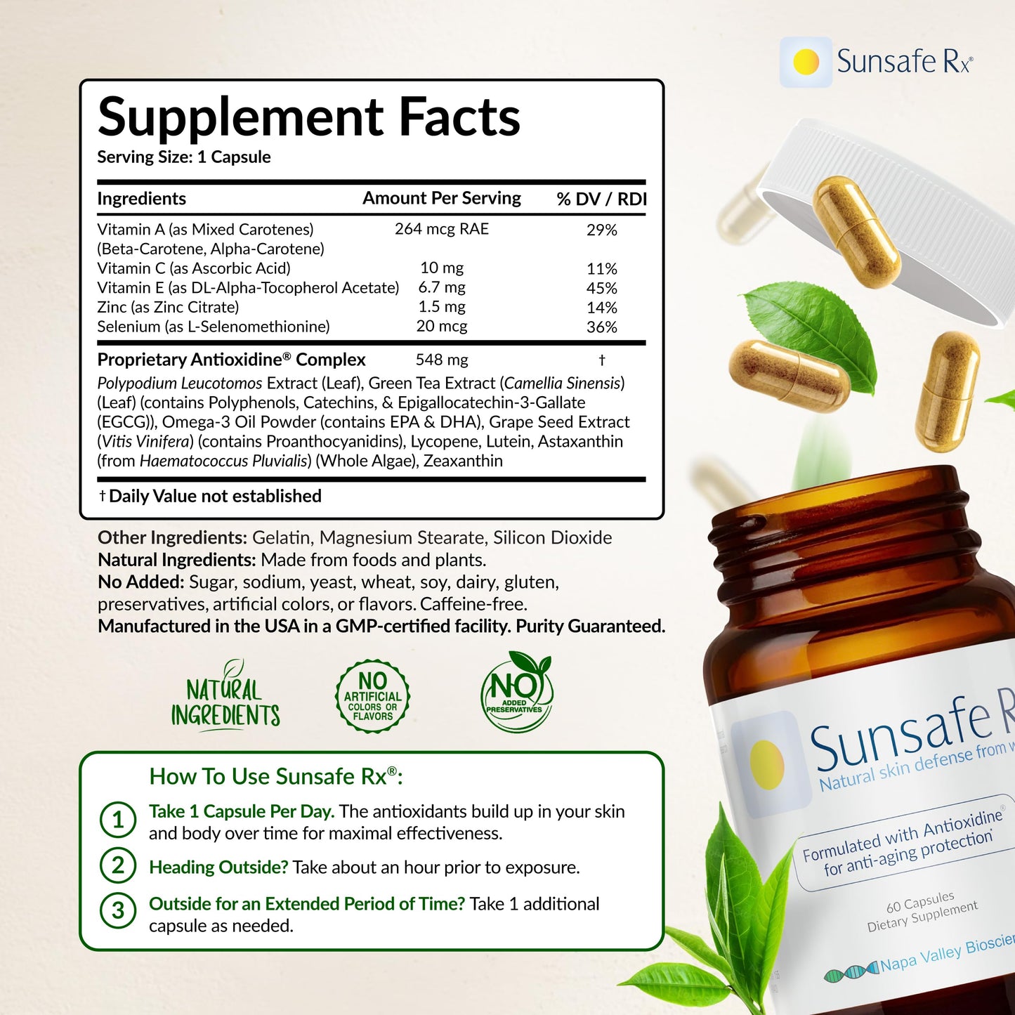 Sunsafe Rx Anti Aging Supplement: Natural Skin Protection Pills with Antioxidants for a Youthful Appearance & Eye Health + Vitamins, Minerals, & 250mg Polypodium Leucotomos (30 Capsules)