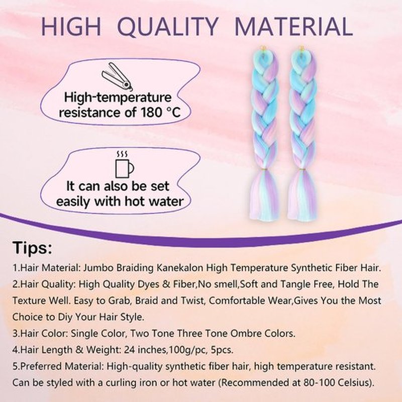 Ombre 4 Colors Mix Braiding Hair 3pcs Extensions Jumbo Hair Rainbow Color Colorful Twist Braid wigs Dreadlocks ( Pink /Purple/Green/Blue/ Light Cyan) (Lot 24Inch)