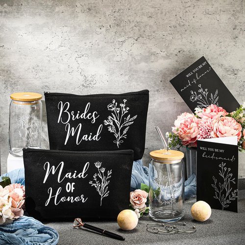 Skybooly 18 Pcs Bridesmaid Proposal Gifts Maid of Honor Gifts Including Brides Maid Glass Cup Makeup Bag Diamond Pen Bracelet Invited Cards for Wedding Party Favors(Black)
