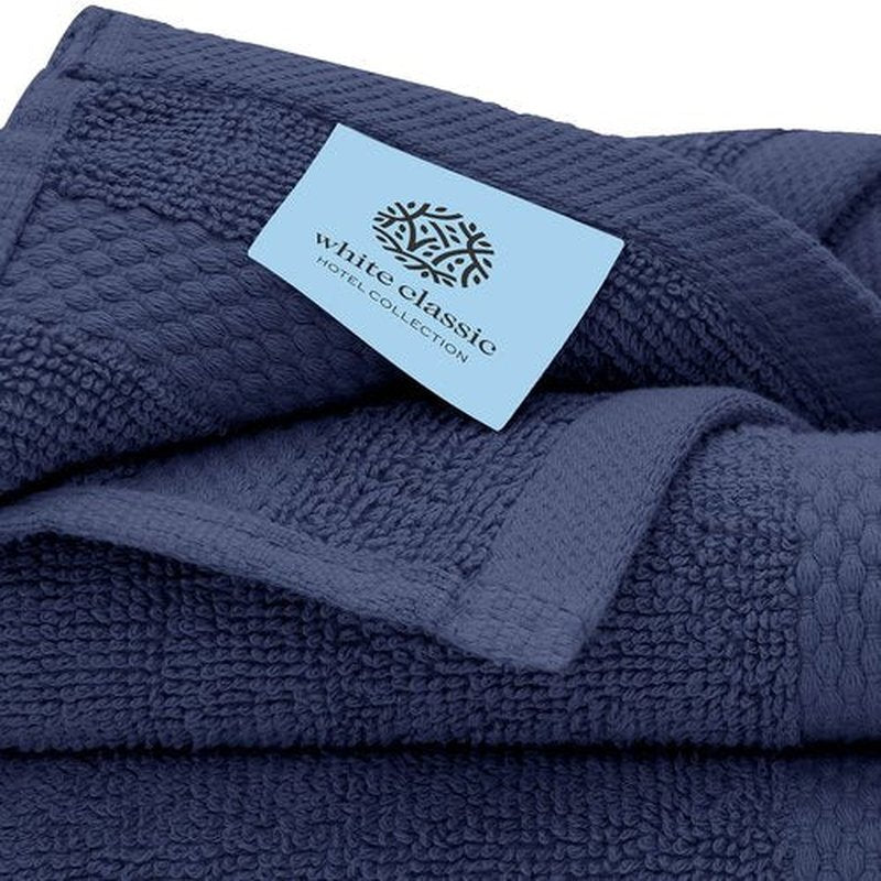 White Classic Luxury Cotton Washcloths - Hotel Spa Bathroom Face Towel | 12 Pack | Navy Blue