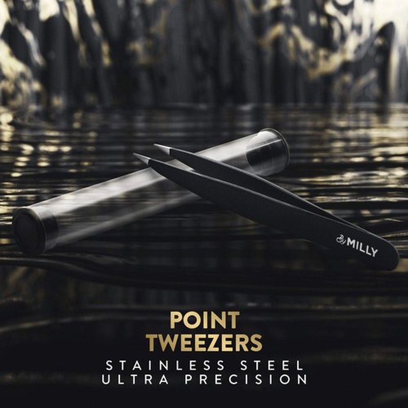 By MILLY Pointed Tweezers | High Carbon Stainless Steel Needle Nose Tweezers | Fine Point Tweezers Precision Hair Removal | Perfectly Aligned & Hand-Filed Sharp Tweezers | Black