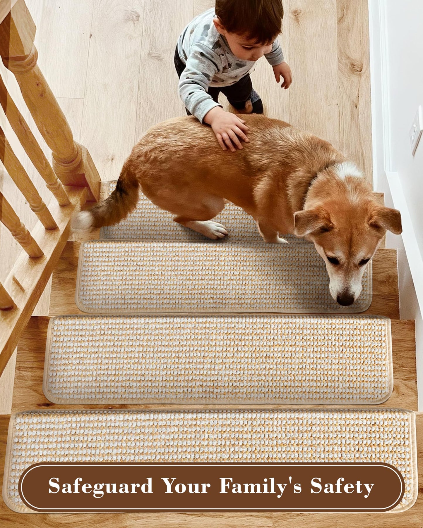 Bullnose Stair Treads for Wooden Steps: 14 Pcs Washable Non Slip Stair Ruuner Peel and Stick Adhesive Indoor Step Covers Staircase Protector 29.5"x9.5"x1.5" Beige