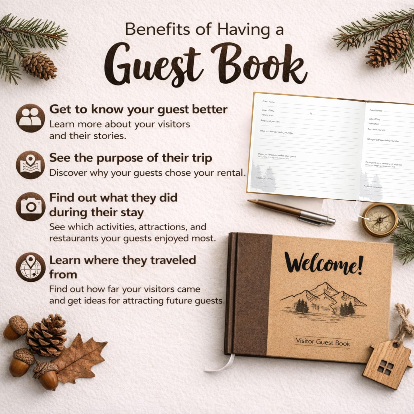 Paper 'n Such Cabin Guest Book for Vacation Homes and Short Term Rentals -Kraft Hardcover - Airbnb Essentials for Hosts- Visitor Sign in Journal Guesthouse Welcome Log