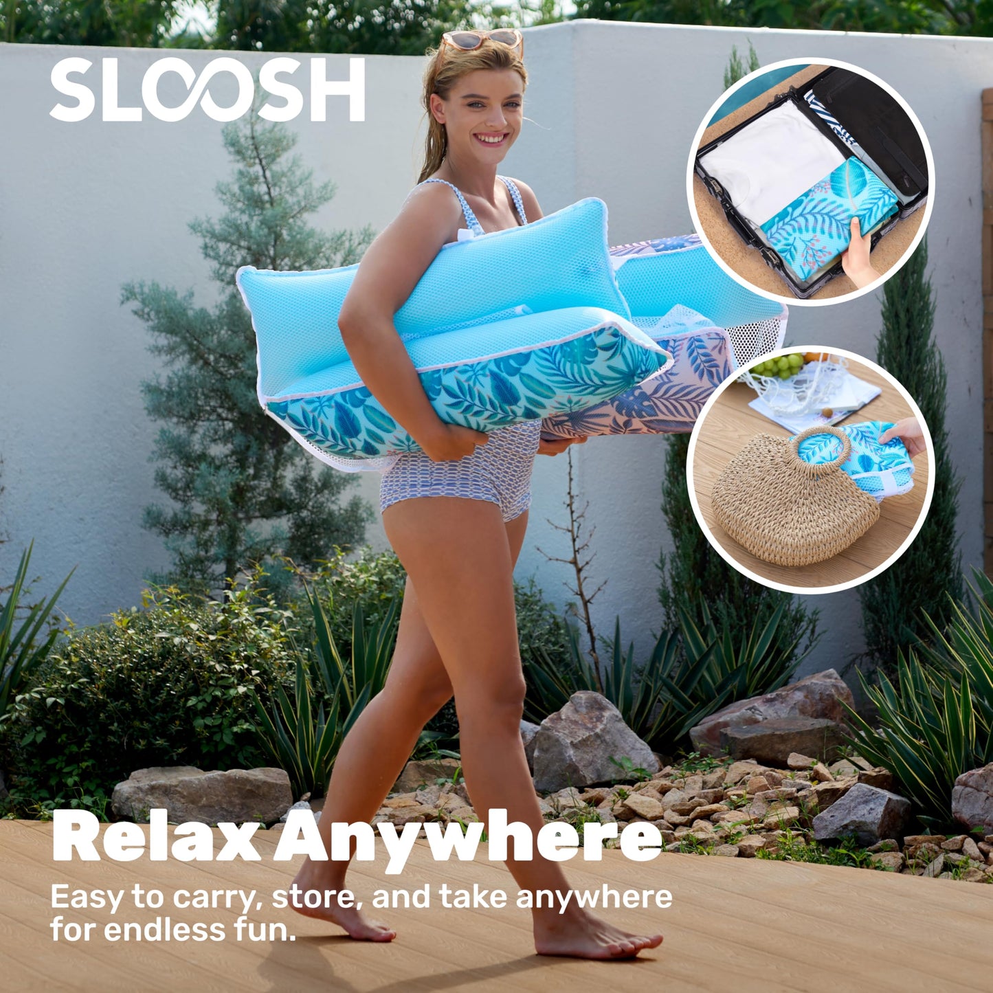 Sloosh 3 Pack Inflatable Pool Float Hammock, Water Lounges, Multi-Purpose Swimming Pool Accessories (Saddle, Lounge Chair, Hammock, Drifter), Lake, Outdoor, Beach