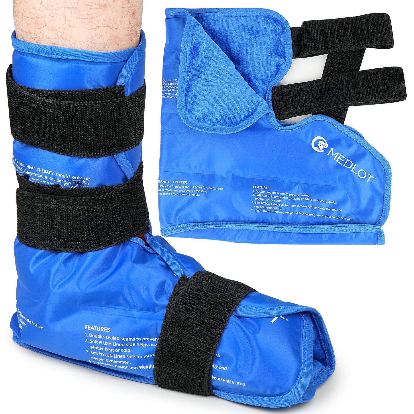 MEDLOT Ankle Ice Pack Wrap, Full Foot Large Reusable Hot Cold Therapy Pack for Achilles Tendonitis Relief, Swelling, Plantar Fasciitis, Heel Pain, Plush Lining, with Strap, Birthday Father's Day Gift