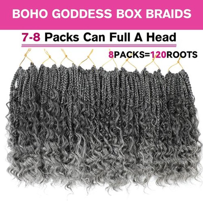 Goddess Box Braids Crochet Hair Box Braids Crochet Hair For Black Women Pre Looped Crochet Hair with Curly Ends Bohemian Crochet Box Braids Crochet Hair(12inch(Pack of 8), Tgrey)