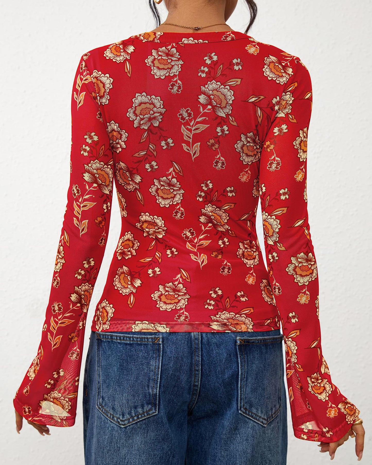 BTFBM Button Down Shirts for Women 2026 Fall Boho Tops V Neck Long Sleeve Blouses Ruched Mesh Fitted Fashion Clothing(Red, Medium)