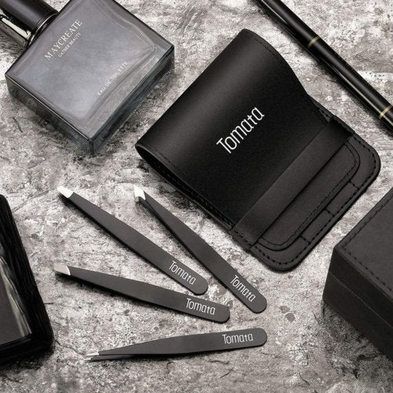 Tomata Tweezers for Eyebrows, 4-piece Slant Tip and Pointed Eyebrow Tweezer Set Great Precision for Eyebrows Facial Hair, Ingrown Hair, Splinter, Blackhead and Tick Remover (Black)