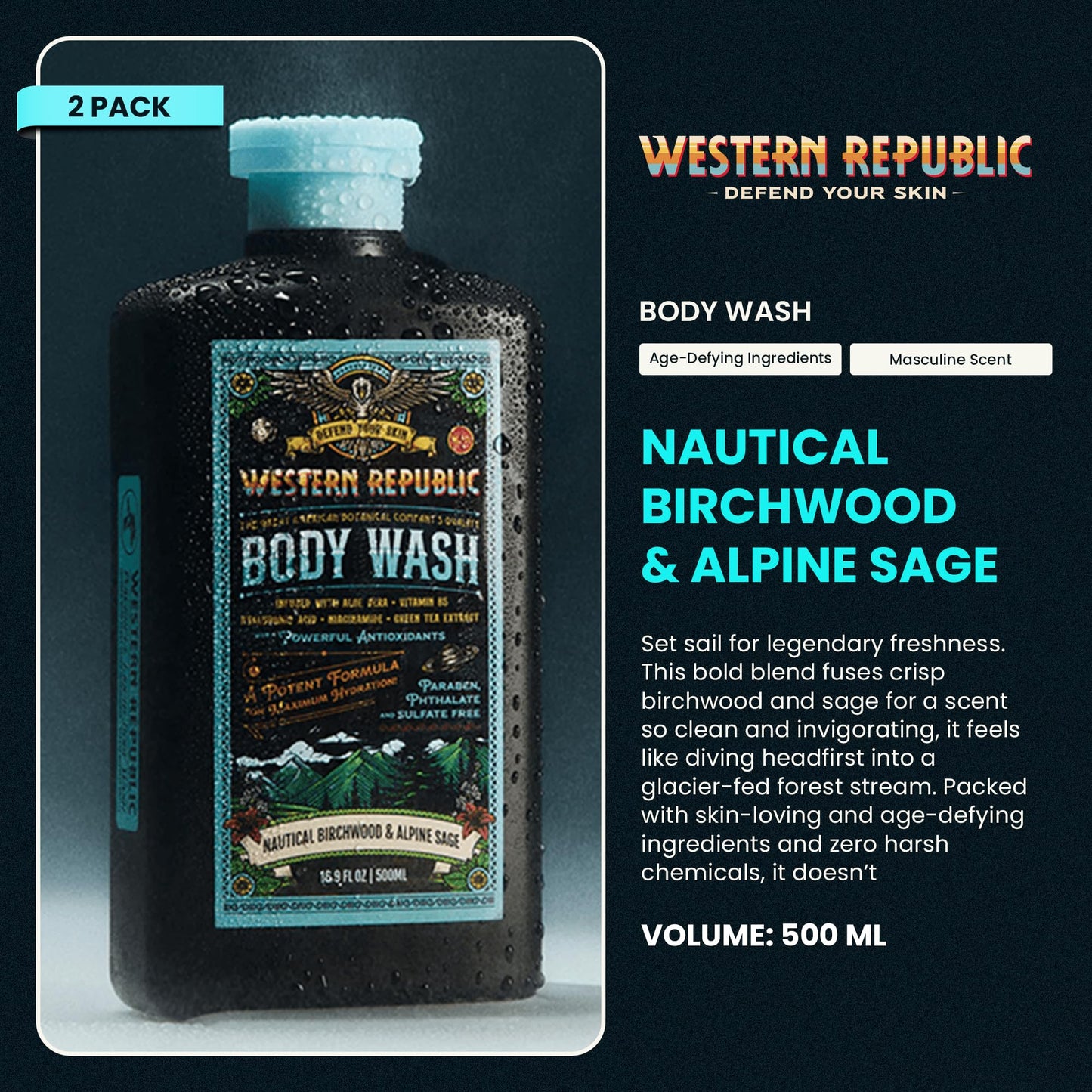 Western Republic - Nautical Birchwood & Alpine Sage Body Wash Shower Gel - Hydrating Cleanser with Aloe, Shea Butter, Niacinamide - 500ml 2 Pack