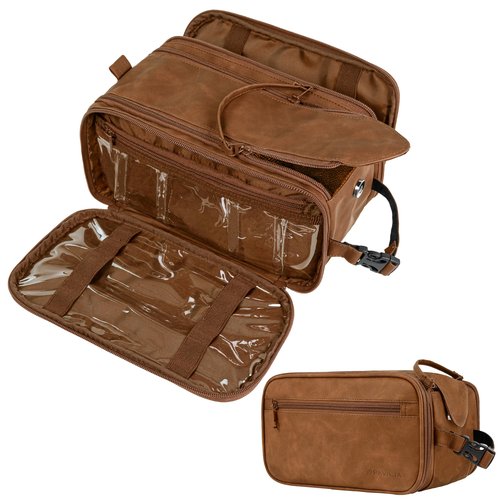 PAVILIA Toiletry Bag for Men Women, Mens Travel Bag Toiletries Organizer Case for Grooming, Travel Essentials Shaving Dopp Kit, PU Leather Water Resistant Cosmetic Pouch, Brown