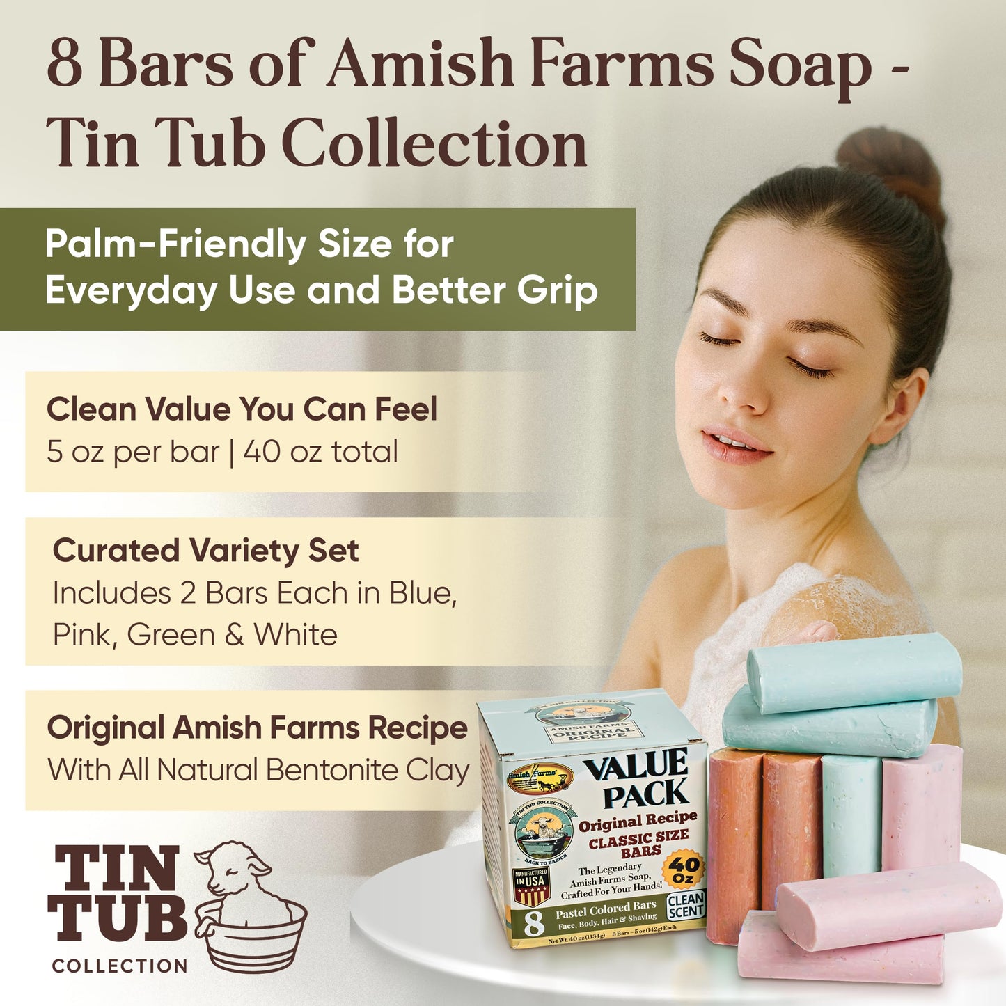 Amish Farms Soap 8-Bar Value Pack – Easy-Grip Hydrating Bars (5 oz Each, 2.5 lb) USA Made for Sensitive Skin - Clean Scent, Original Recipe – Tin Tub Collection