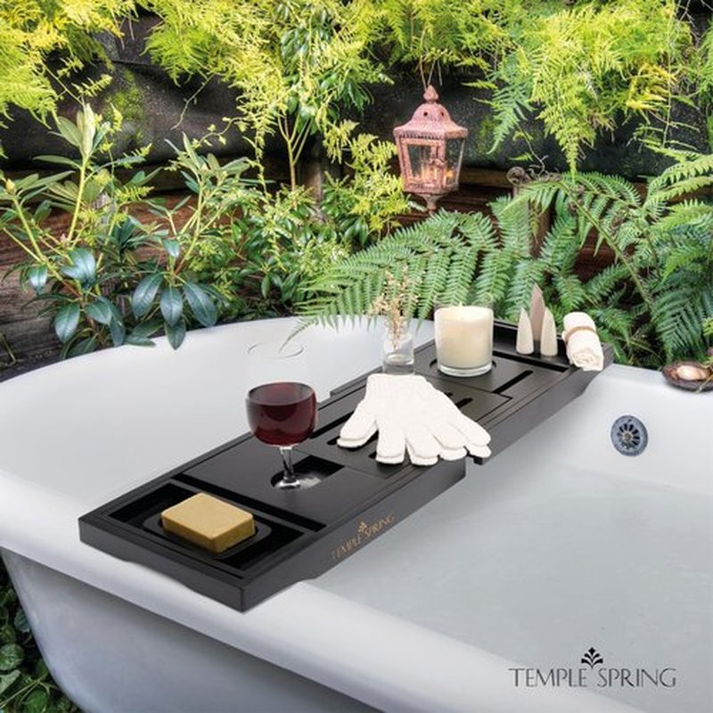Temple Spring Bathtub Caddy Tray - Extendable Bath Tray for Bathtub with Candle, Wine Glass, Book, Pad & Phone Holders - Adjustable Bathtub Tray Over tub w/Bathroom Accessories - Black