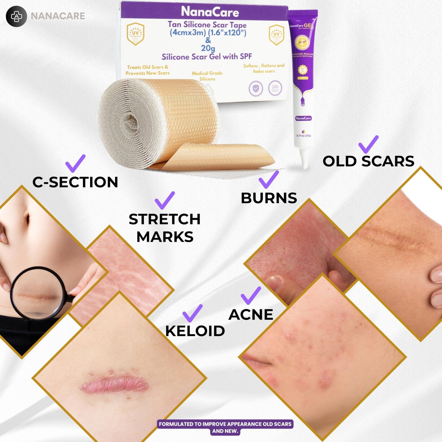Silicone Scar Gel with SPF 30 & Silicone Scar Tape Roll – 20g Gel & 1.6"x120" Tape - Medical-Grade Silicone for Scr Appearance Care After Surgery, C-Section, Burns & Acne – NanaCare
