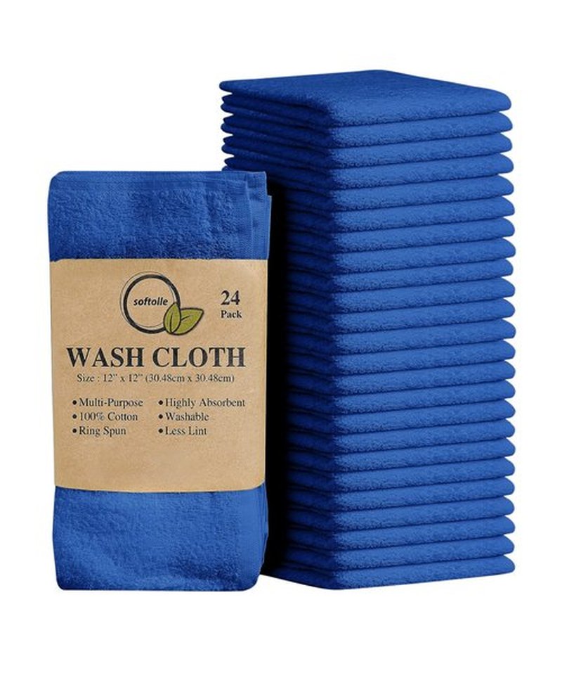 Softolle 100% Cotton Ring Spun Wash Cloths – Bulk Pack of Washcloths – 12x12 Inches – Wash Cloth for Face, Highly Absorbent, Soft and Face Towels (Royal Blue, 24 Pack)