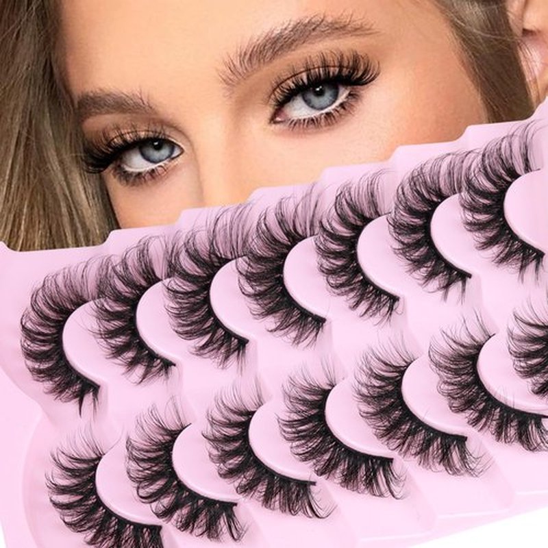 JIMIRE Mink Lashes Fluffy False Eyelashes Volume 6D Cat Eye Lashes 17mm D Curl Strip Lashes Look Like Extensions Fox Eye Fake Lashes 7 Pairs Pack