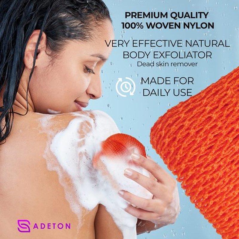 Adeton African Net Sponge, Exfoliating Body Scrubber, Body Exfoliator, Long Net Sponge, 17 Colors, Sapo, Shower Bath Accessories, Back Foot Scalp Scrub, Flat Dead Skin Remover Body Wash (Orange)