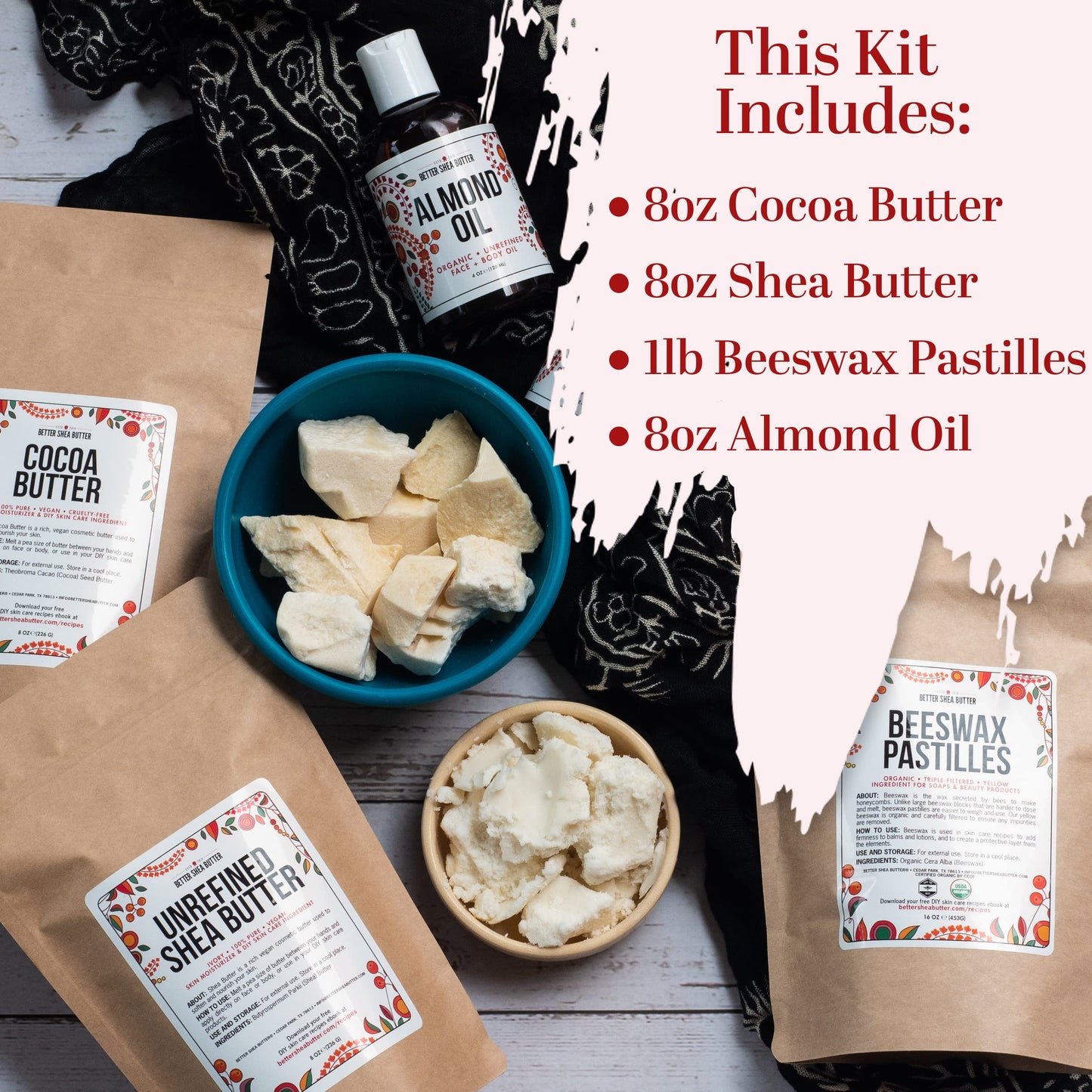 Body Butter Making Kit with Unrefined Shea Butter, Raw Cocoa Butter, Organic Beeswax, Organic Almond Oil, Instructions included - LARGE (Makes about 30 4oz Jars)
