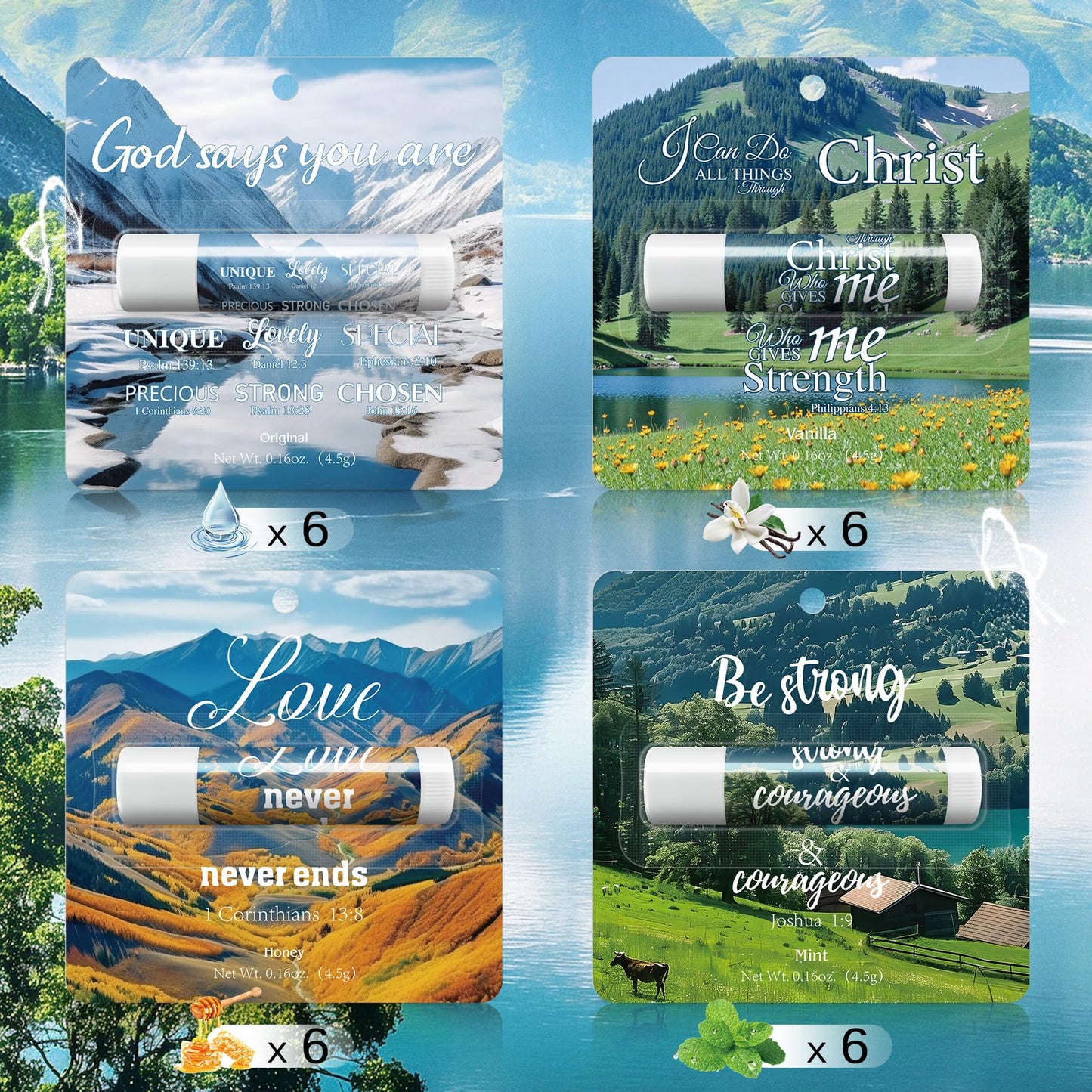 24 Pcs Christian Lip Balm with Scripture Church Small Gifts Bulk Natural Scenery Lip Balms Religious Faith Bible Verse Inspirational Gift Party Favors Coworkers