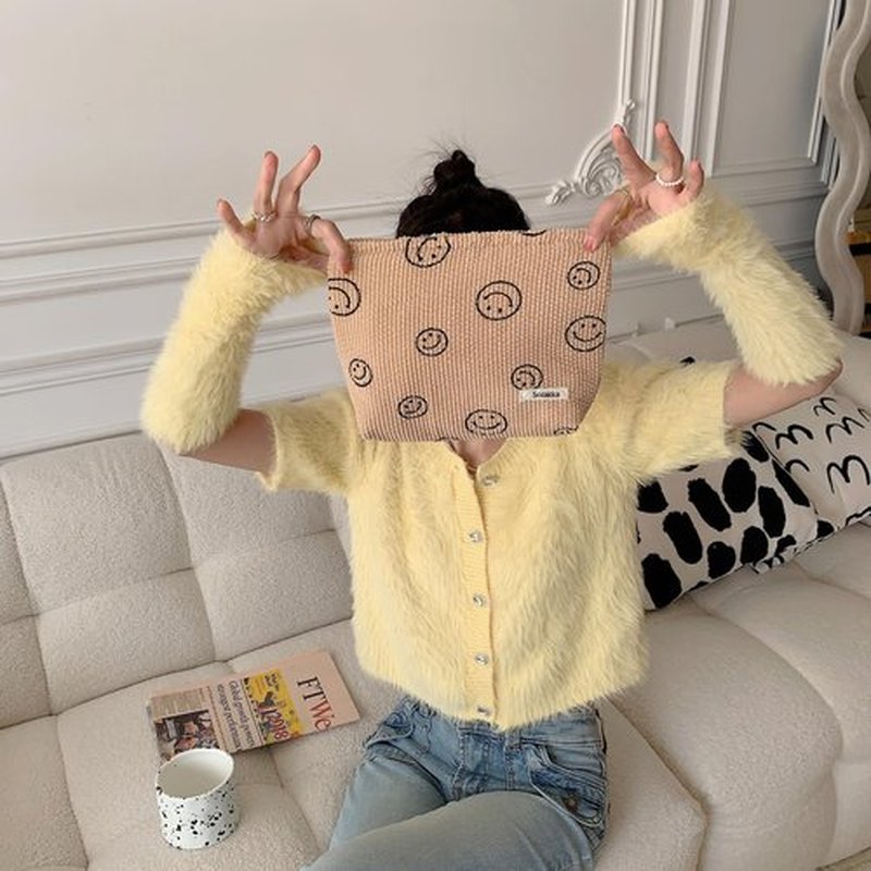 Cosmetic Bags for Women - Corduroy Cosmetic Bag Aesthetic Women Handbags Purses Smile Dots Makeup Organizer Storage Makeup Bag Girls Case Bags (Khaki)