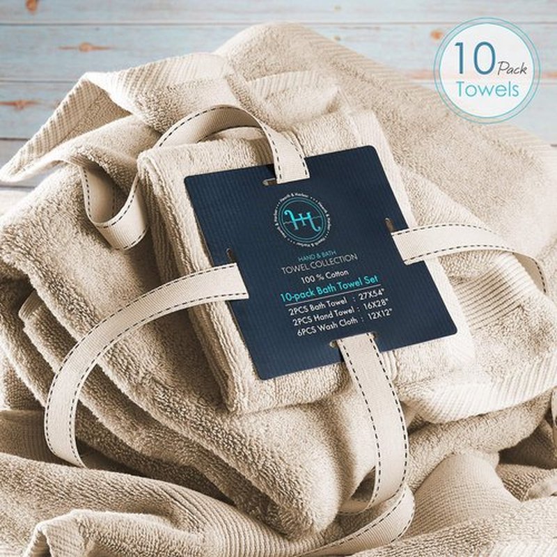 Hearth & Harbor Bath Towels for Bathroom - 100% Ring Spun Cotton Luxury Bathroom Towels - Soft & Highly Absorbent Bath Towels Set, 10 Piece Set (2 Bath Towels, 2 Hand Towels, 6 Washcloths) - Cream