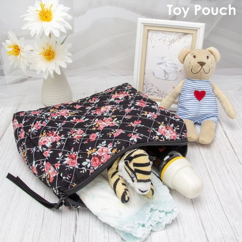 PAZIMIIK Cotton Makeup Bag for Women Large Quilted Travel Cosmetic Pouch Girls' Make Up Organizer,Rose Black