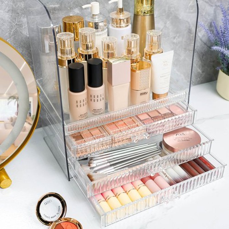 Clear Makeup Organizers for Vanity With Dustproof Lid,Large Capacity Skincare Organizer and Bathroom Counter Organizer With 3 Drawers For Cosmetics,Lotion,Beauty Product Dresser Top Organizer Case