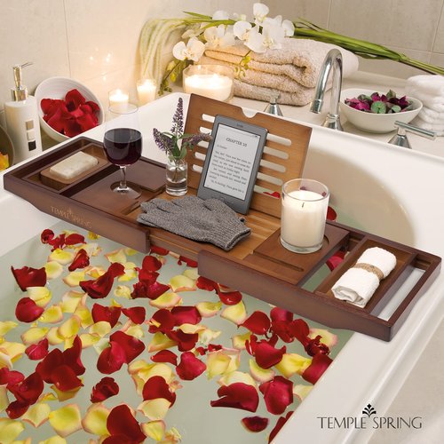 Temple Spring Bathtub Caddy Tray - Extendable Bath Tray for Bathtub with Candle, Wine Glass, Book, Pad & Phone Holders - Adjustable Bathtub Tray Over tub w/Bathroom Accessories - Wood Brown
