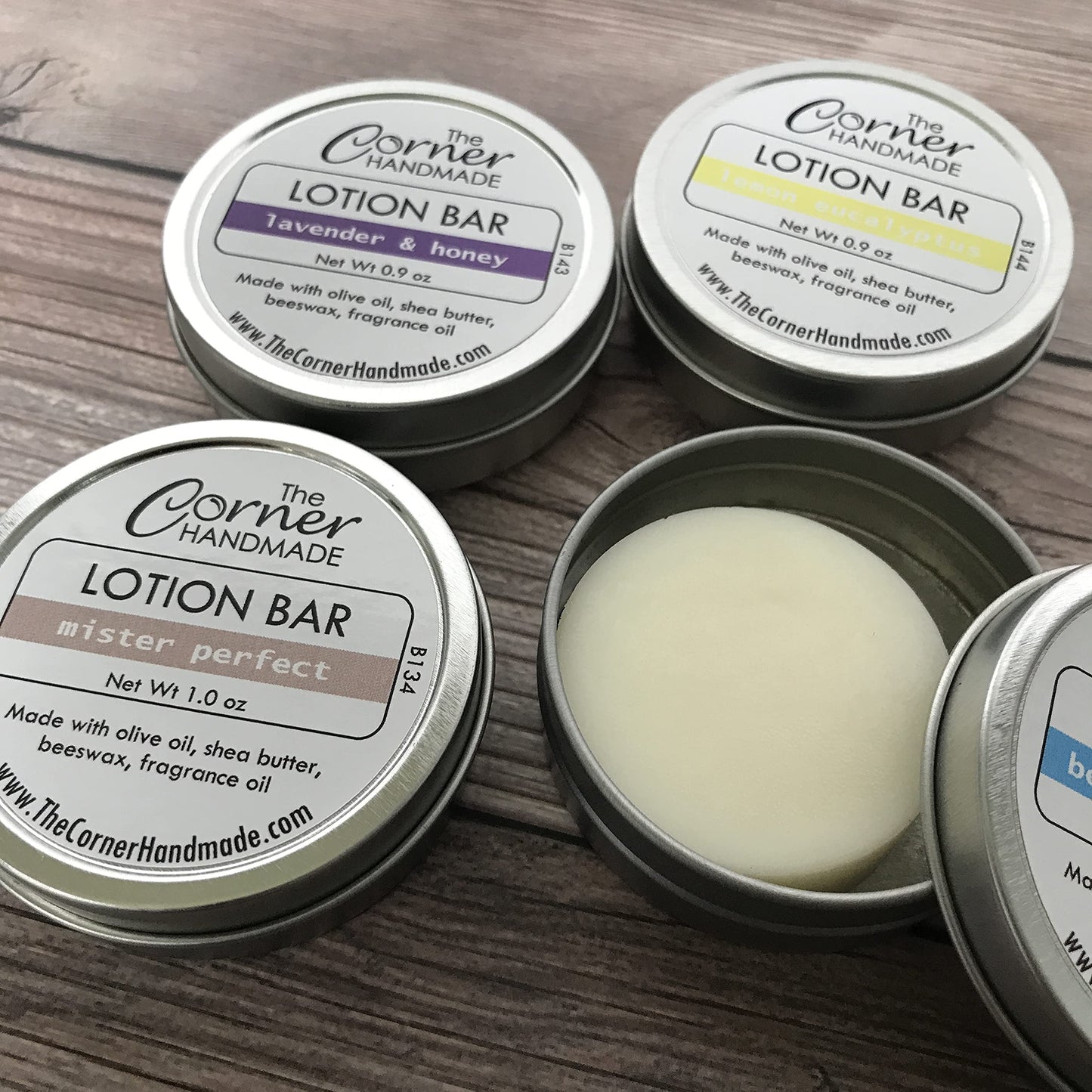 The Corner Handmade Lotion Bar 4 Pack, Set of Four Tins, Moisturizing Relief for Dry Skin
